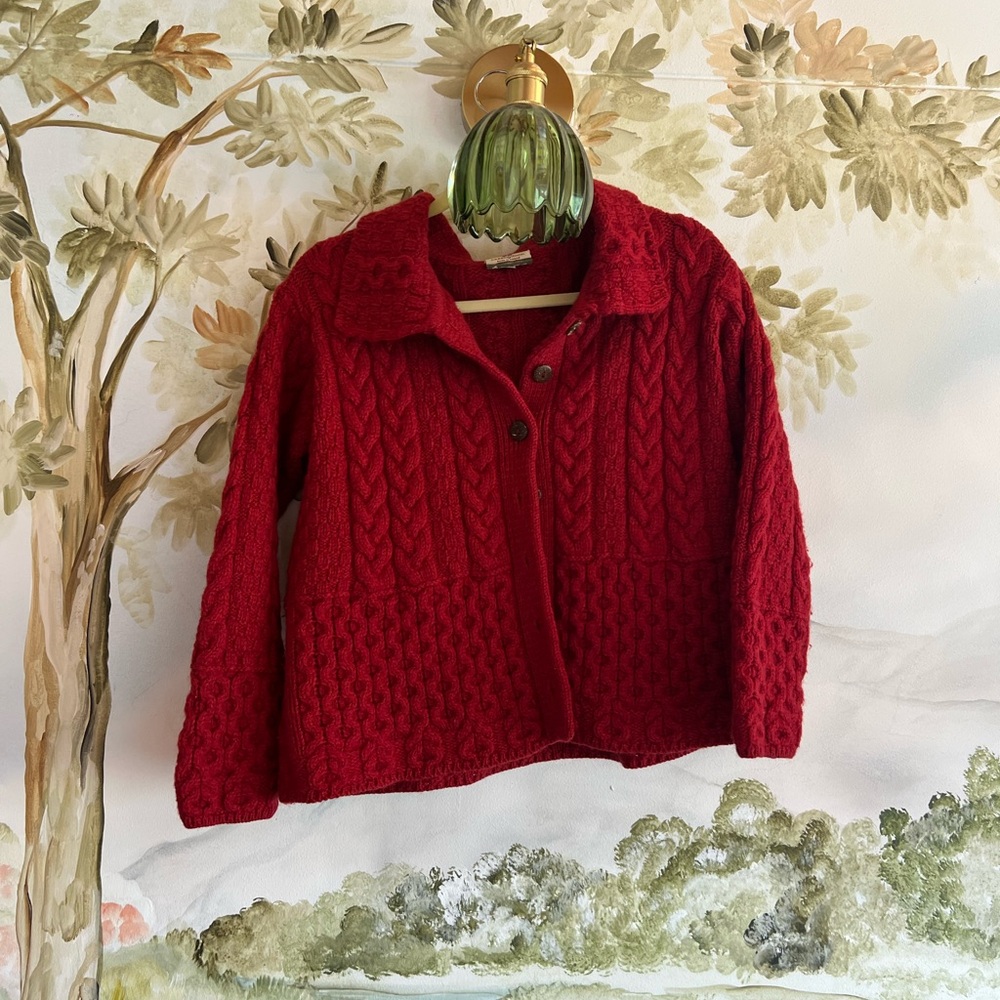 Merino wool Irish Red Cable Knit Cardigan